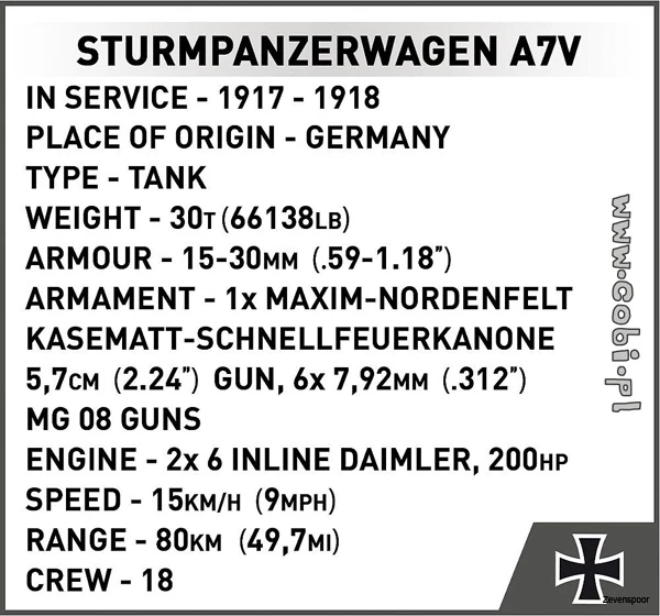2989 Cobi GREAT WAR STURMPANZERWAGEN A7V 9 2989 Cobi GREAT WAR STURMPANZERWAGEN A7V - Afbeelding 9